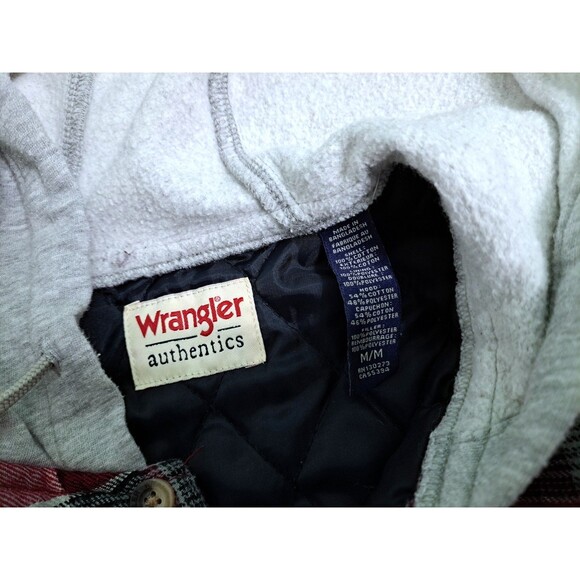 Wrangler Plaid Flannel Men's Medium Jacket Hooded Quilted Lining Shacket Red - Picture 3 of 9